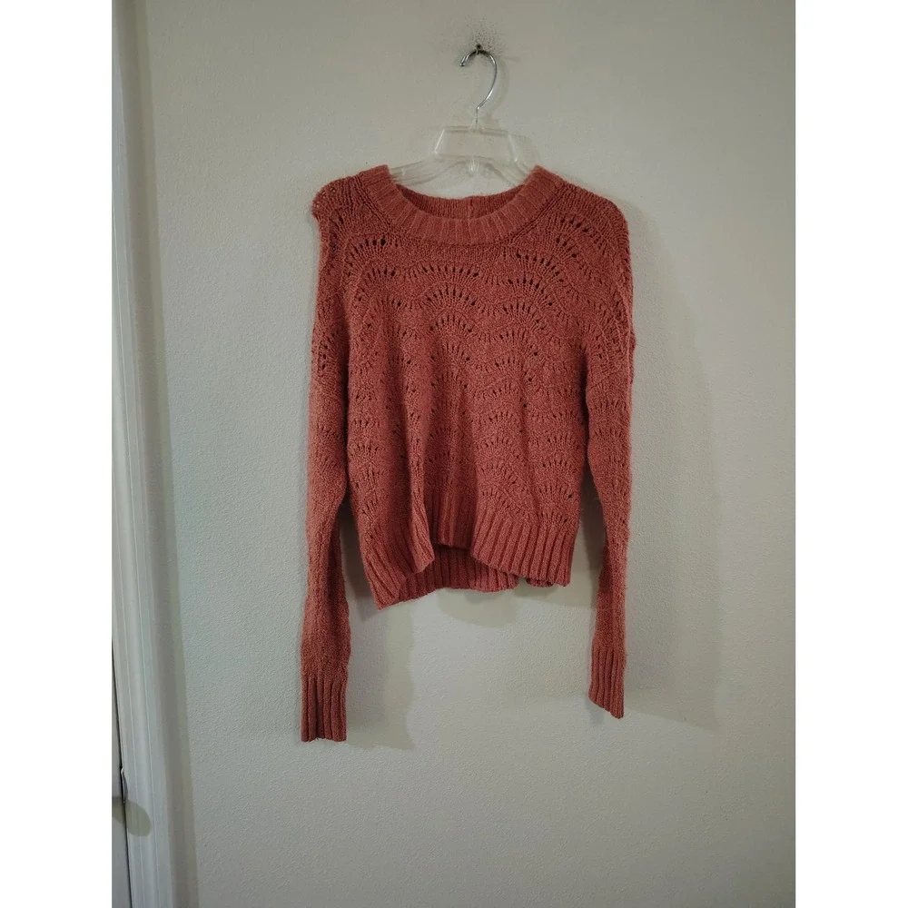 American Eagle Terracotta Coral Pointelle Knit Scalloped Crew Neck Sweater Small